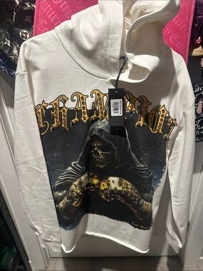 White Graphic Hooded Shirt Jacket with Gold Accent Print